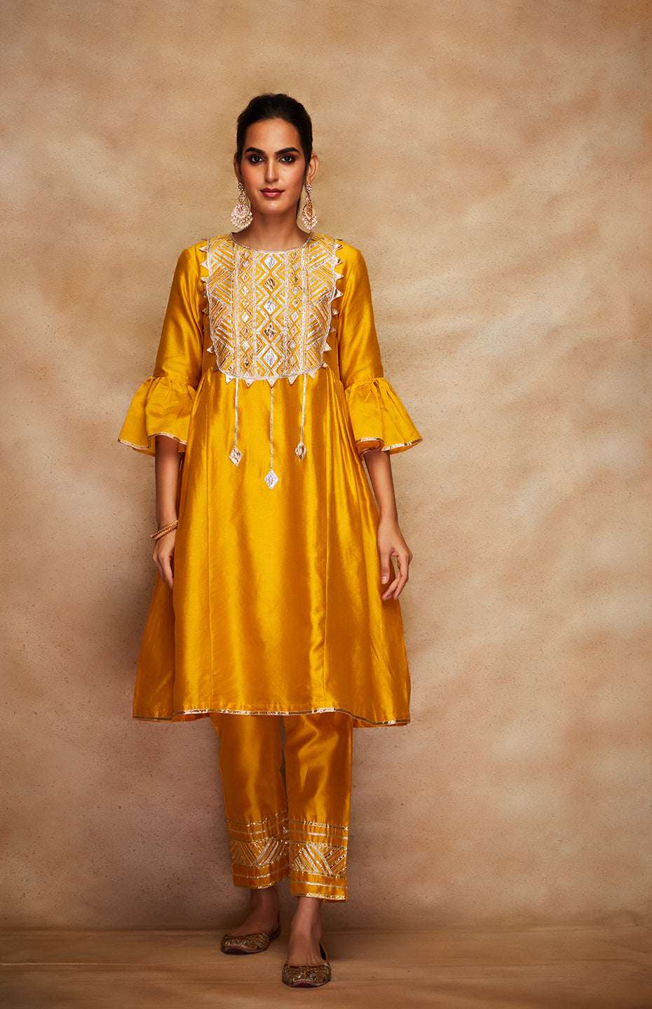 Mustard Chanderi Silk Gota Kurta