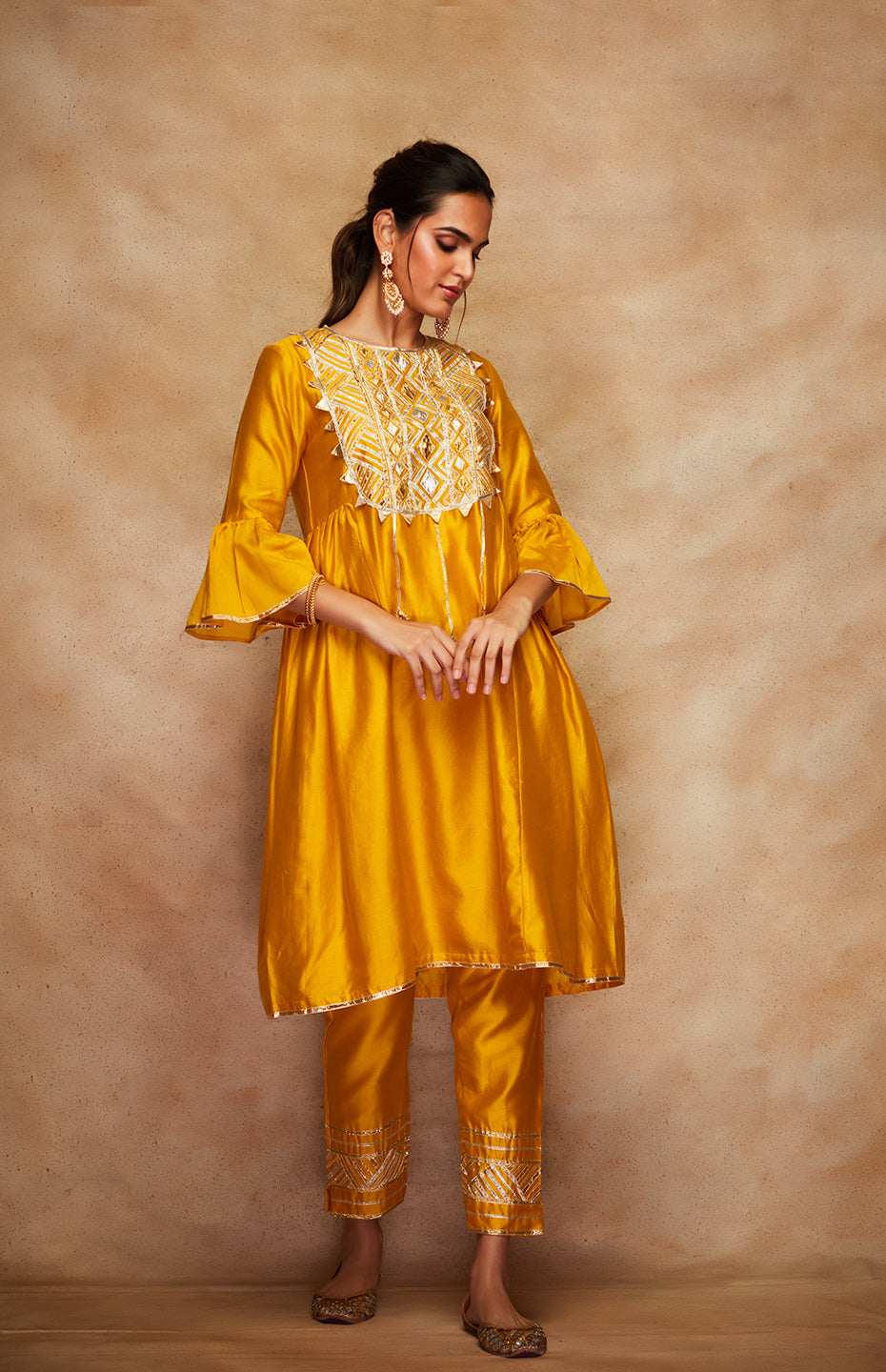 Mustard Chanderi Silk Gota Kurta