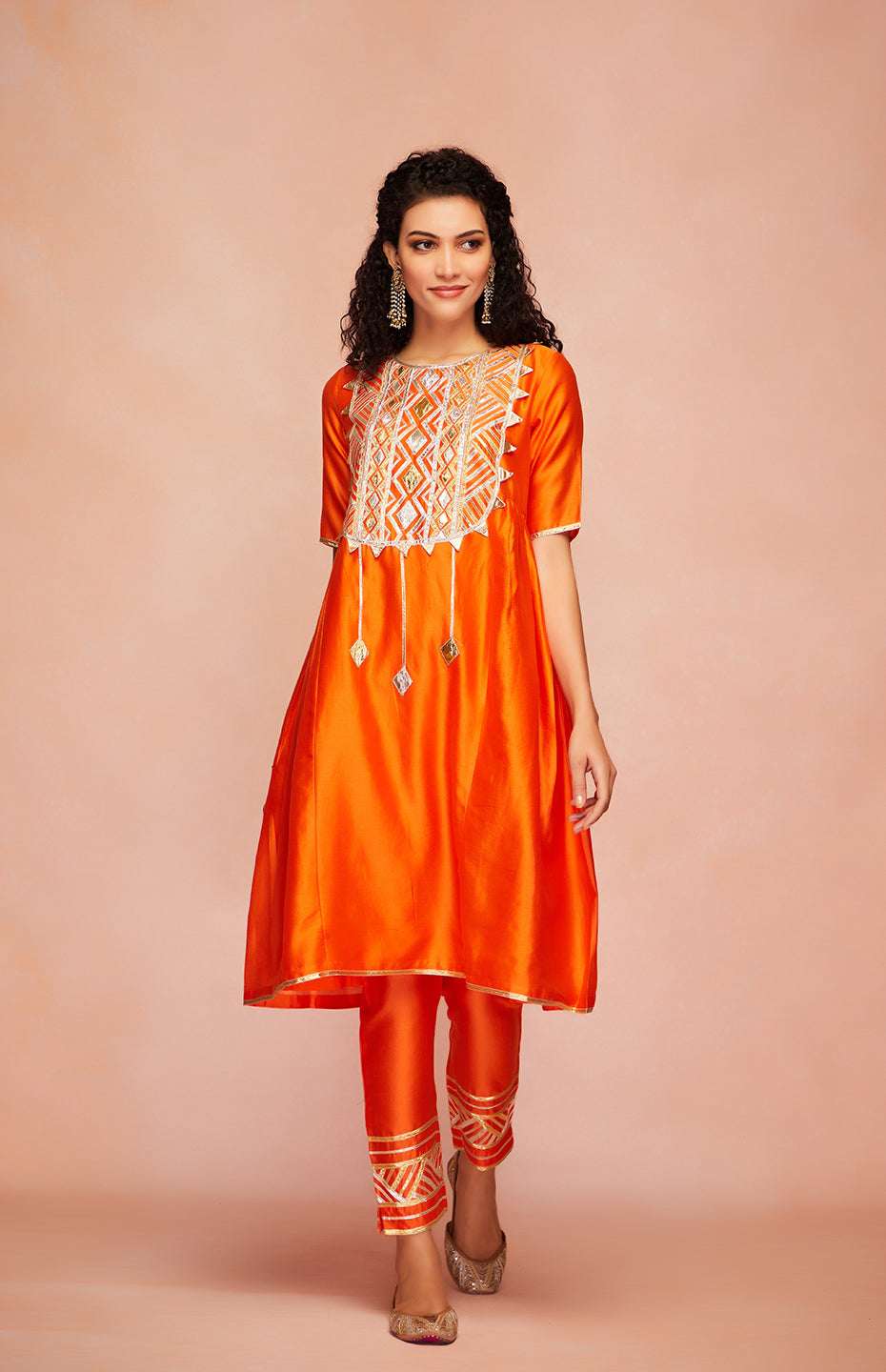 Orange Chanderi Silk Gota Kurta