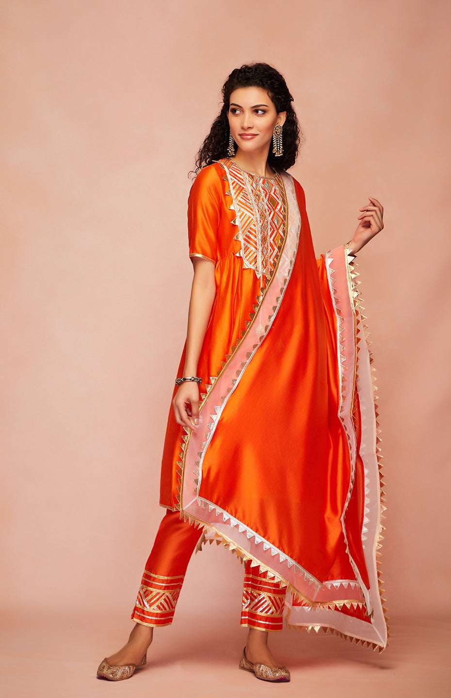 Orange Chanderi Silk Gota Kurta