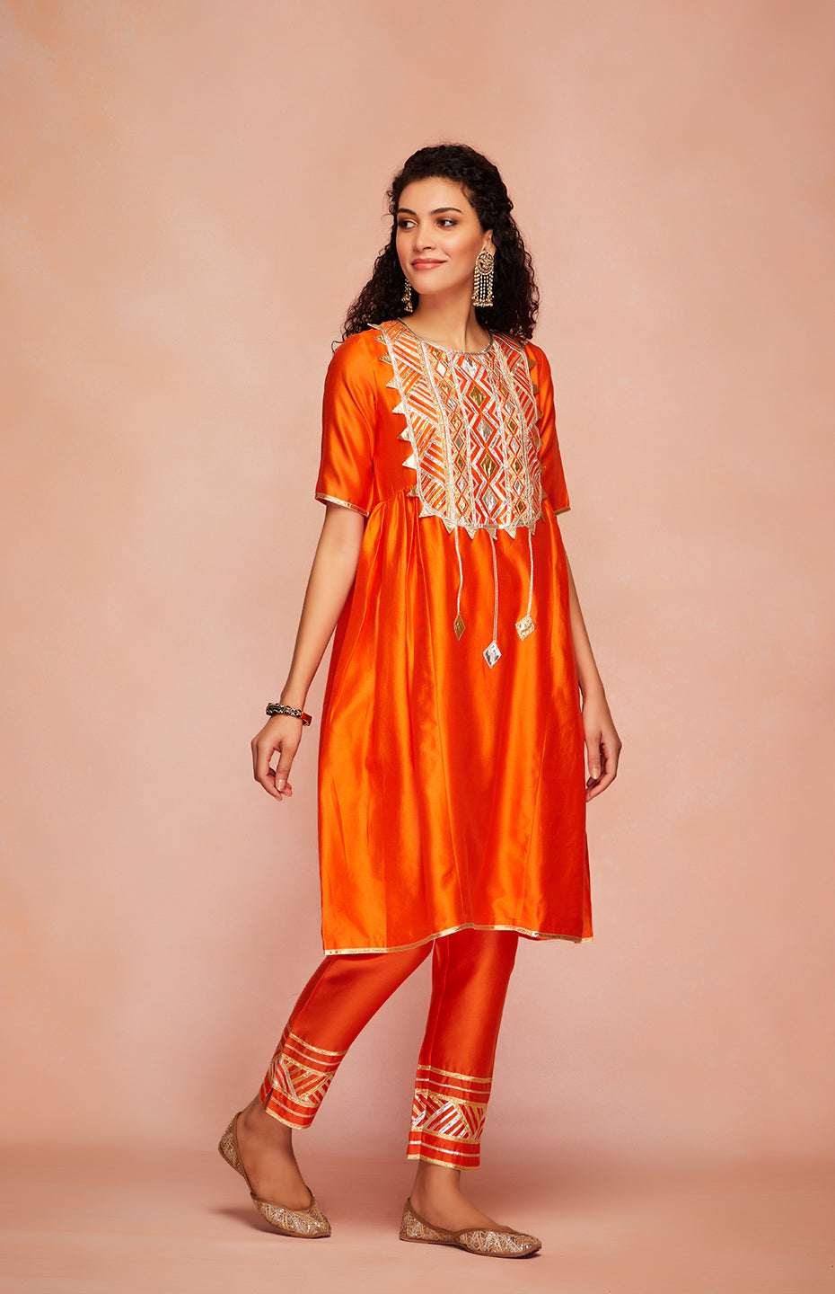 Orange Chanderi Silk Gota Kurta