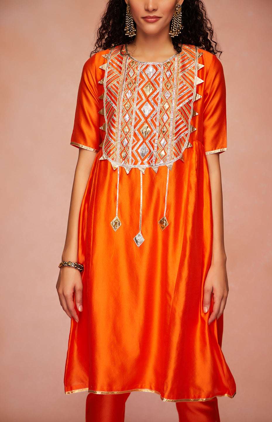 Orange Chanderi Silk Gota Kurta