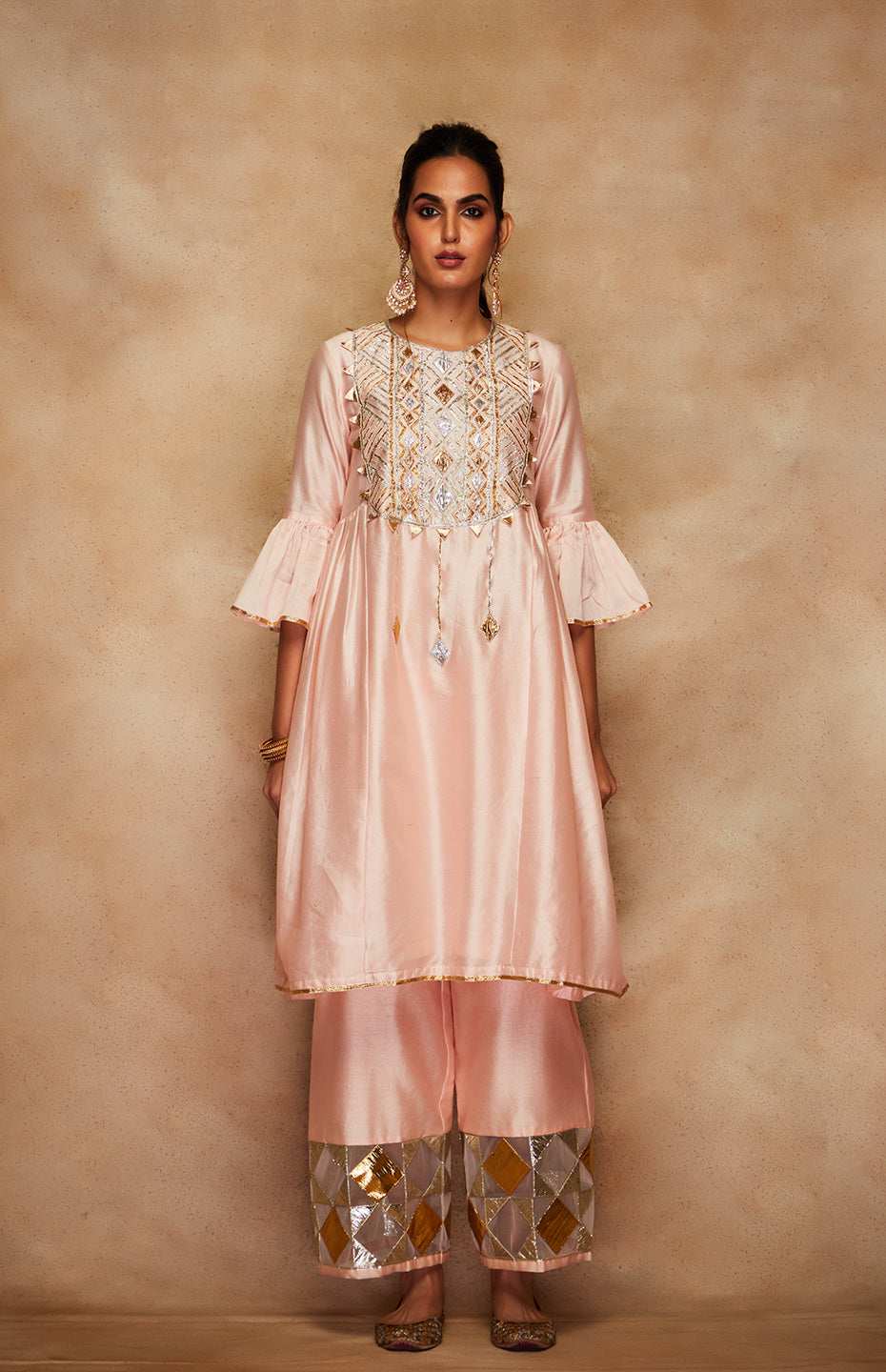 Peach Chanderi Silk Gota Kurta