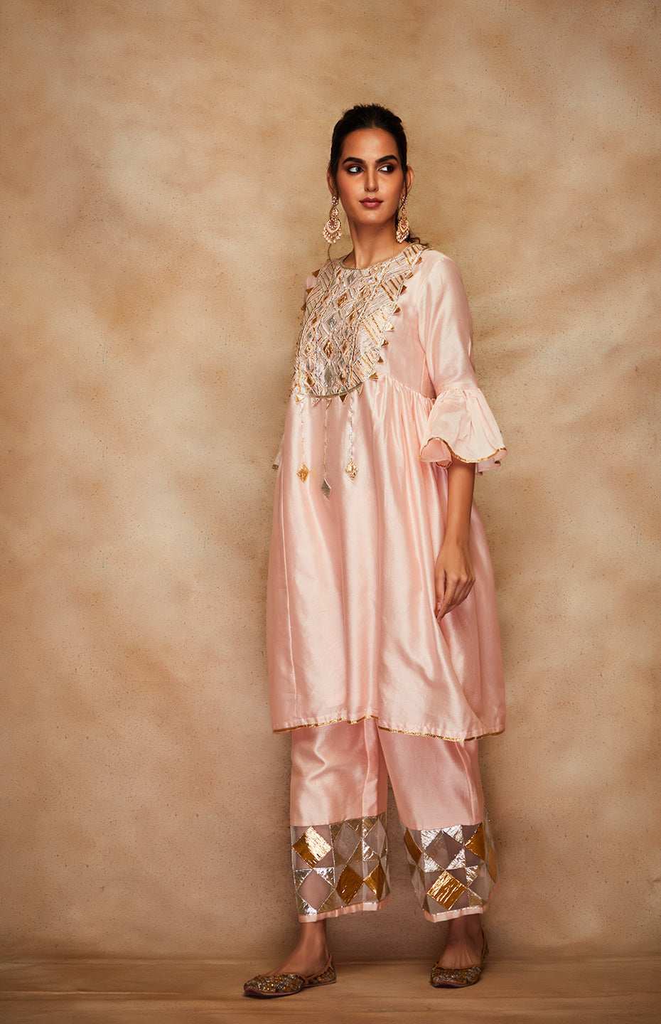 Peach Chanderi Silk Gota Kurta