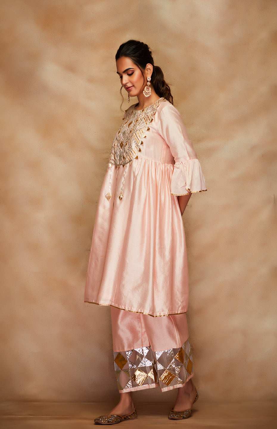 Peach Chanderi Silk Gota Kurta