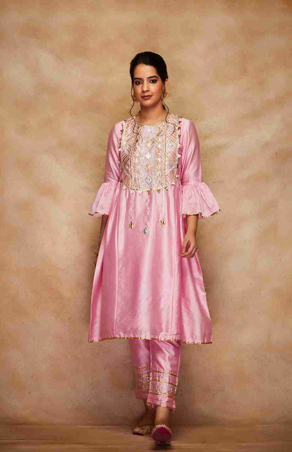 Pink Chanderi Silk Gota Kurta