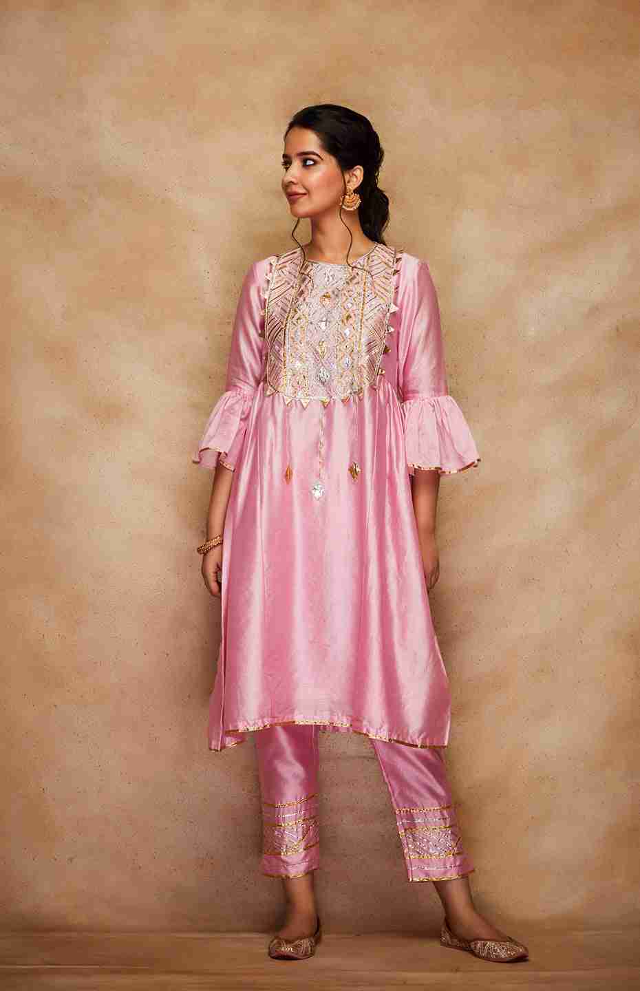 Pink Chanderi Silk Gota Kurta