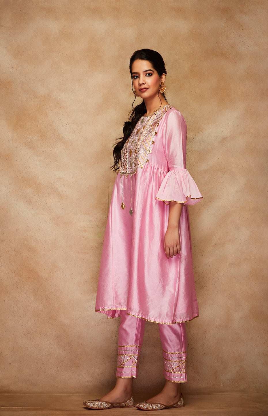 Pink Chanderi Silk Gota Kurta