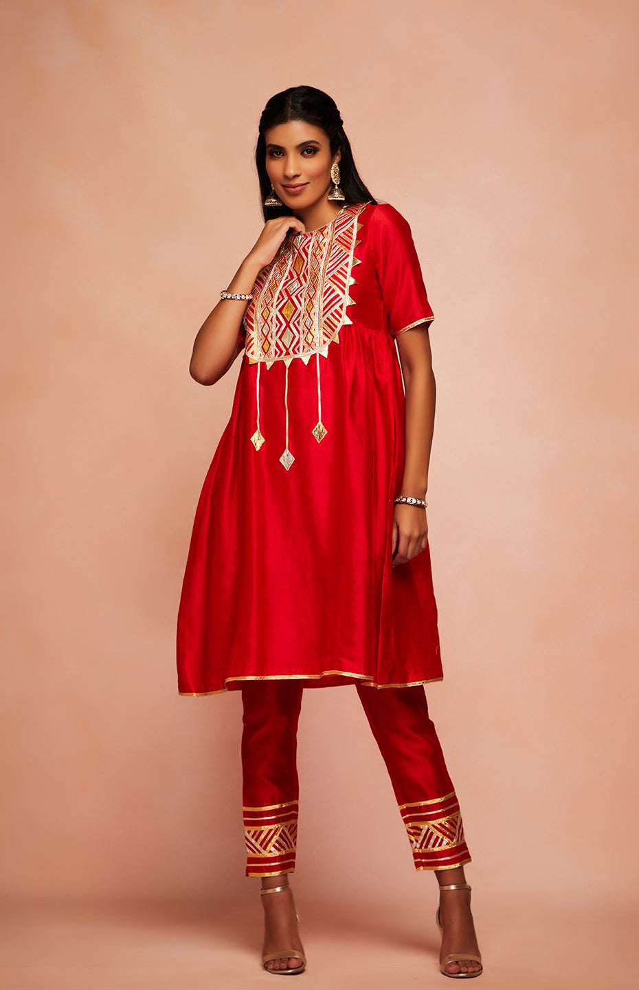 Red Chanderi Silk Gota Kurta