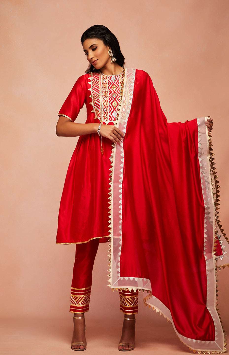Red Chanderi Silk Gota Kurta