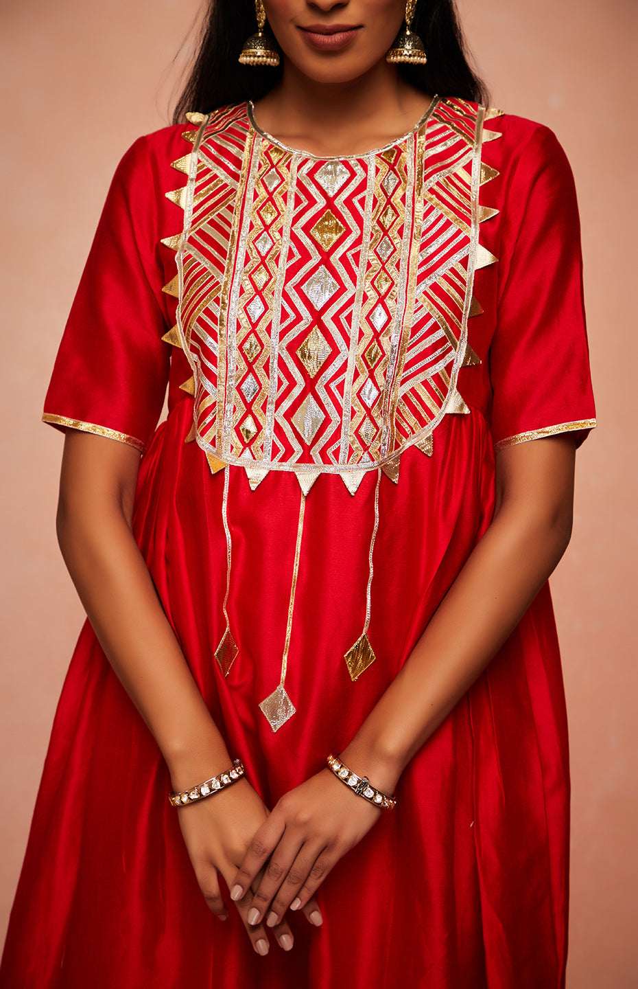 Red Chanderi Silk Gota Kurta