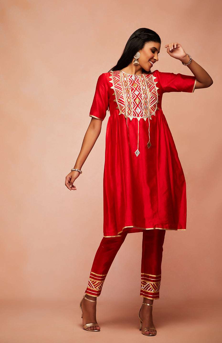 Red Chanderi Silk Gota Kurta