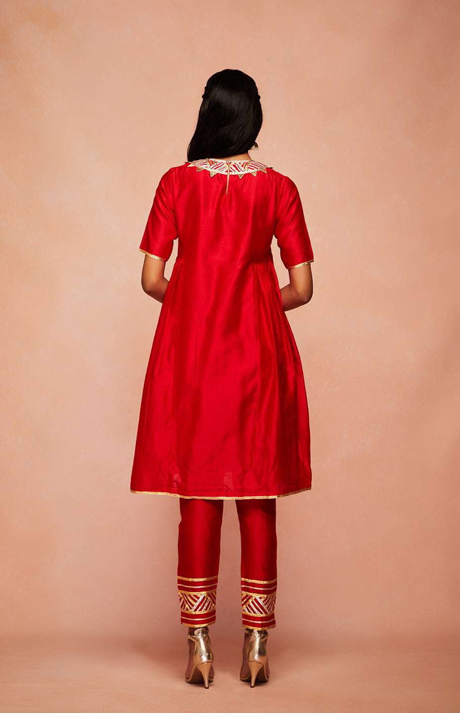 Red Chanderi Silk Gota Kurta