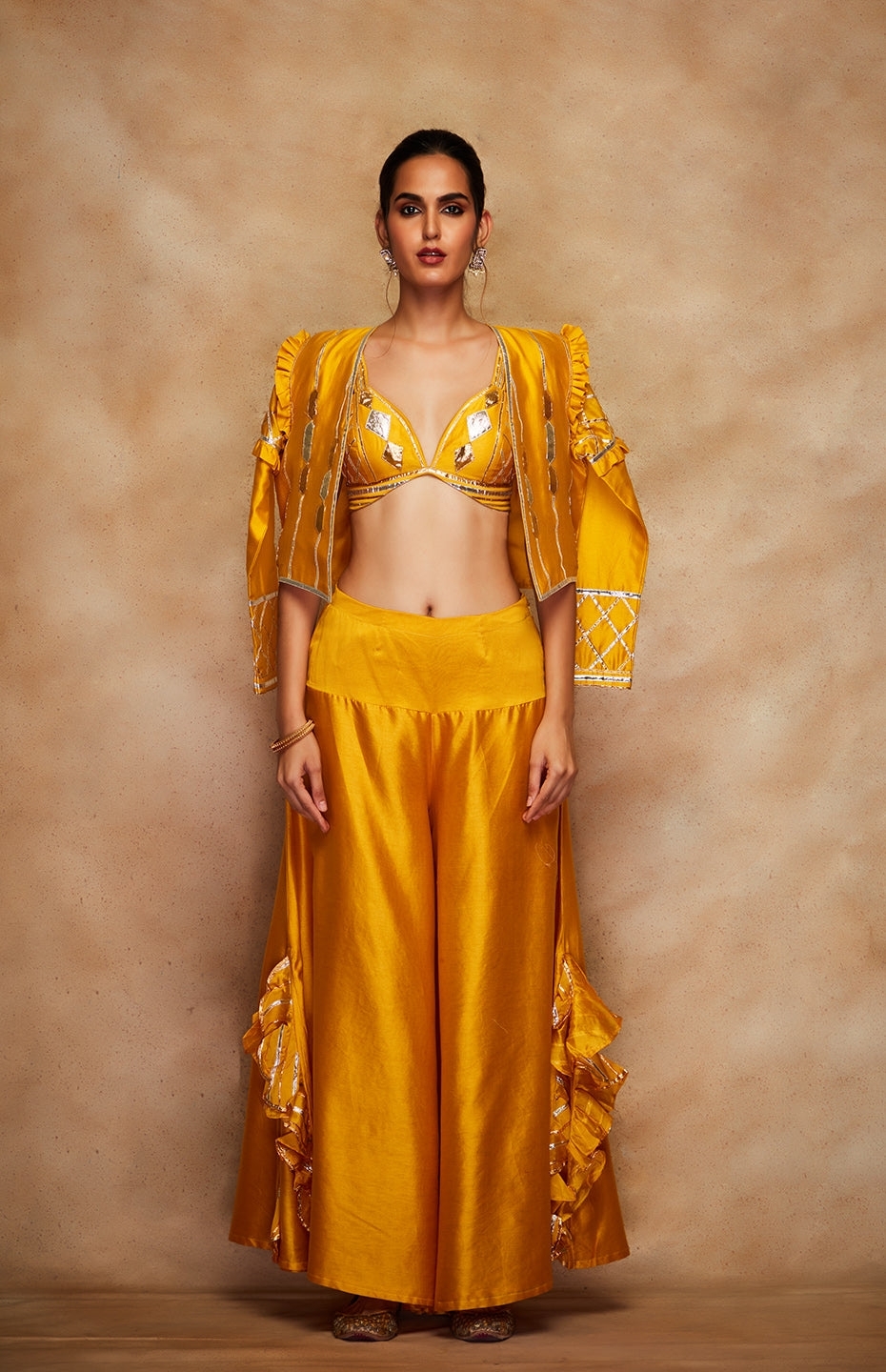 Mustard Chanderi Silk Gota Jacket