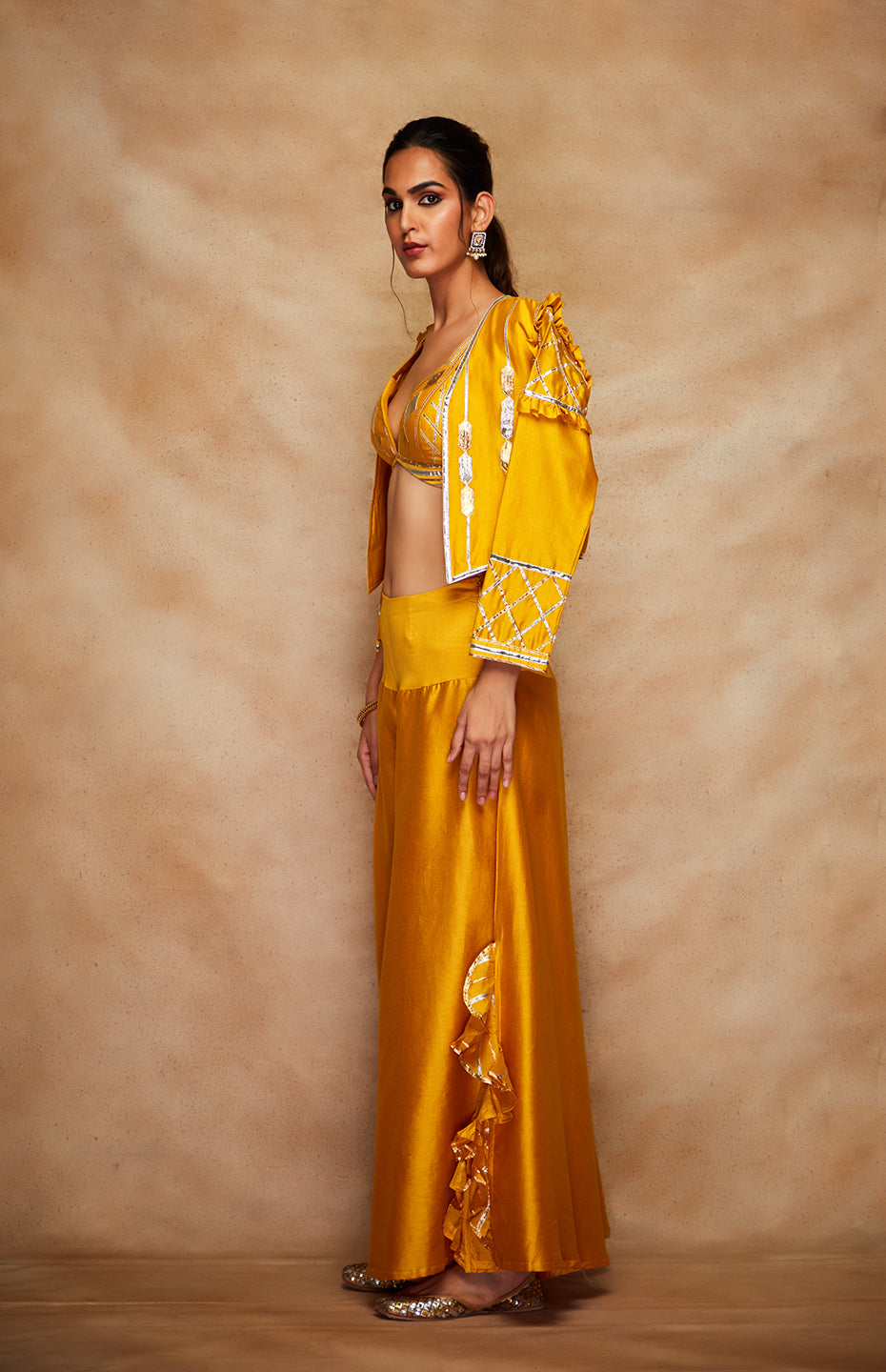 Mustard Chanderi Silk Gota Jacket