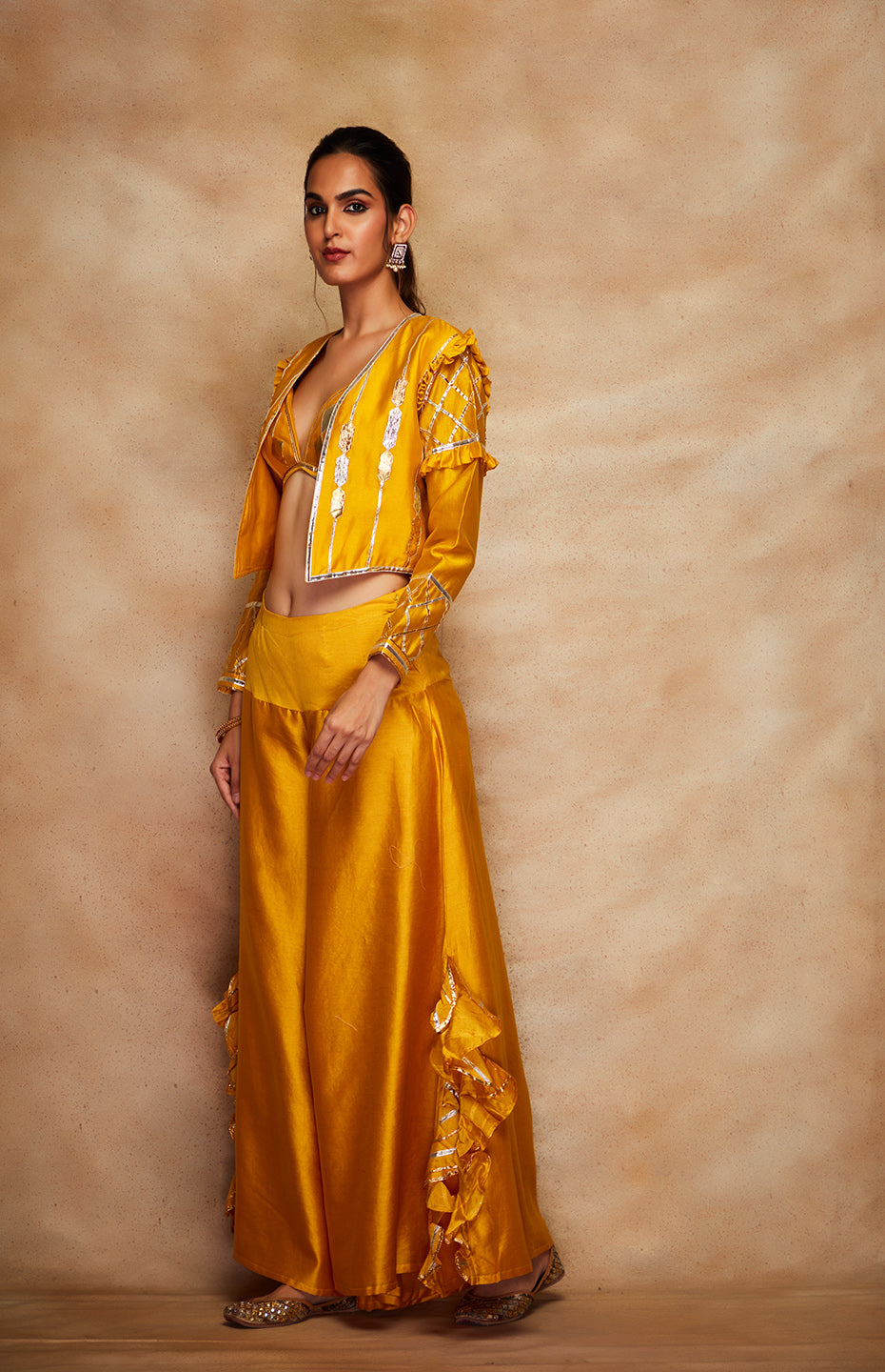 Mustard Chanderi Silk Gota Jacket