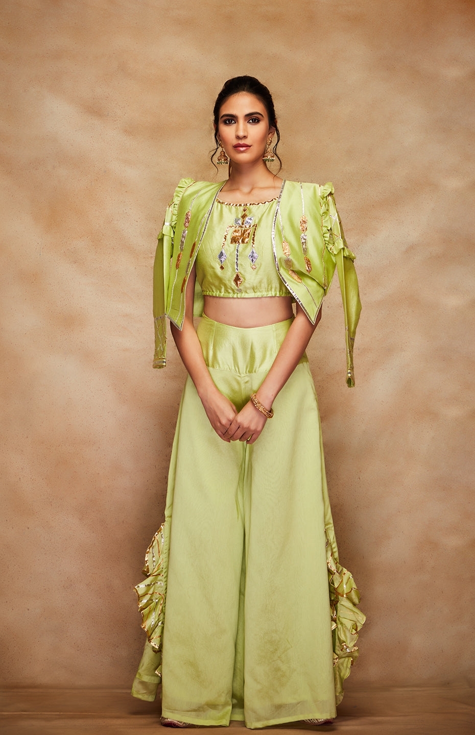 Pista Green Chanderi Silk Gota Jacket