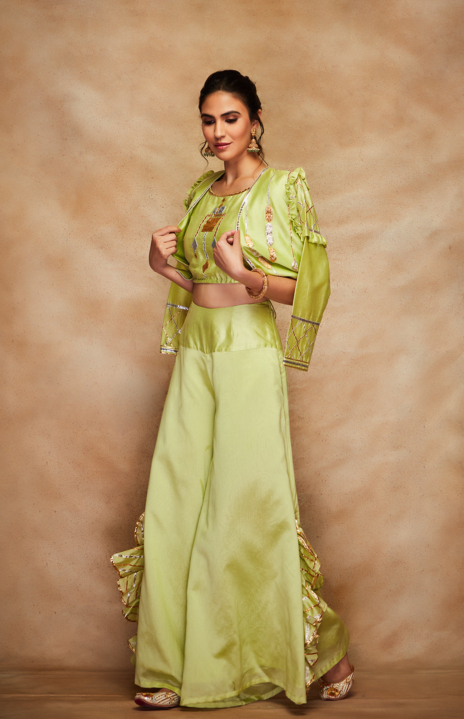 Pista Green Chanderi Silk Gota Jacket