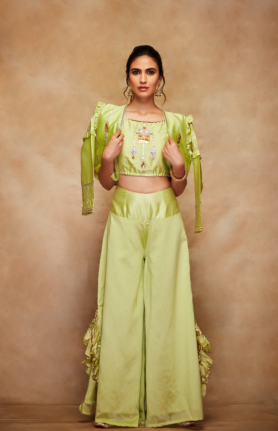 Pista Green Chanderi Silk Gota Jacket