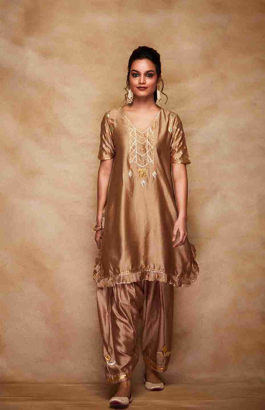 Antique Gold Chanderi Silk Gota Ruffle Short Kurta