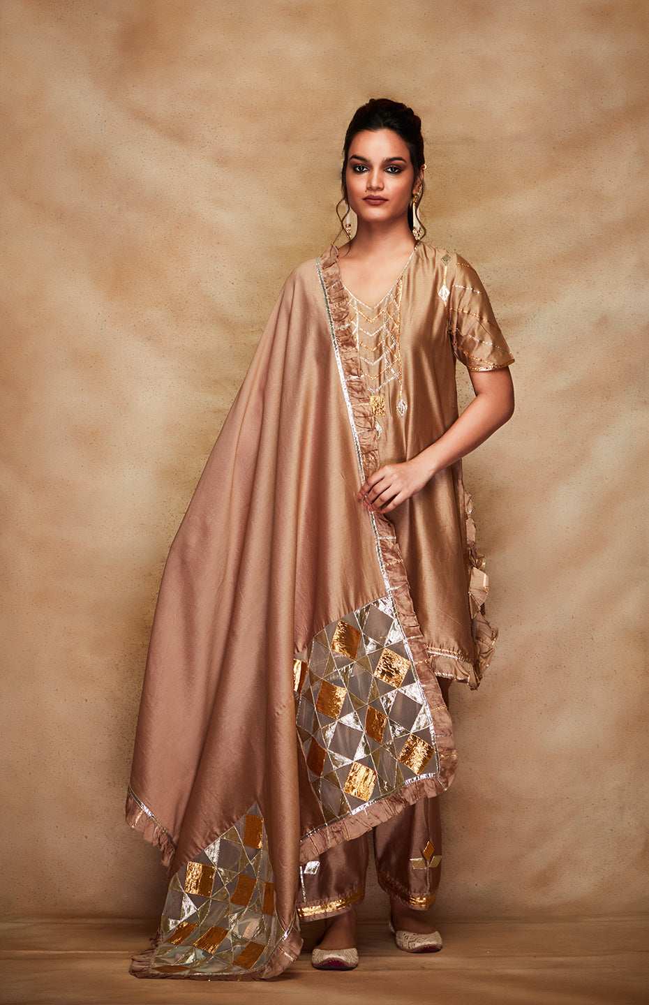 Antique Gold Chanderi Silk Gota Ruffle Short Kurta