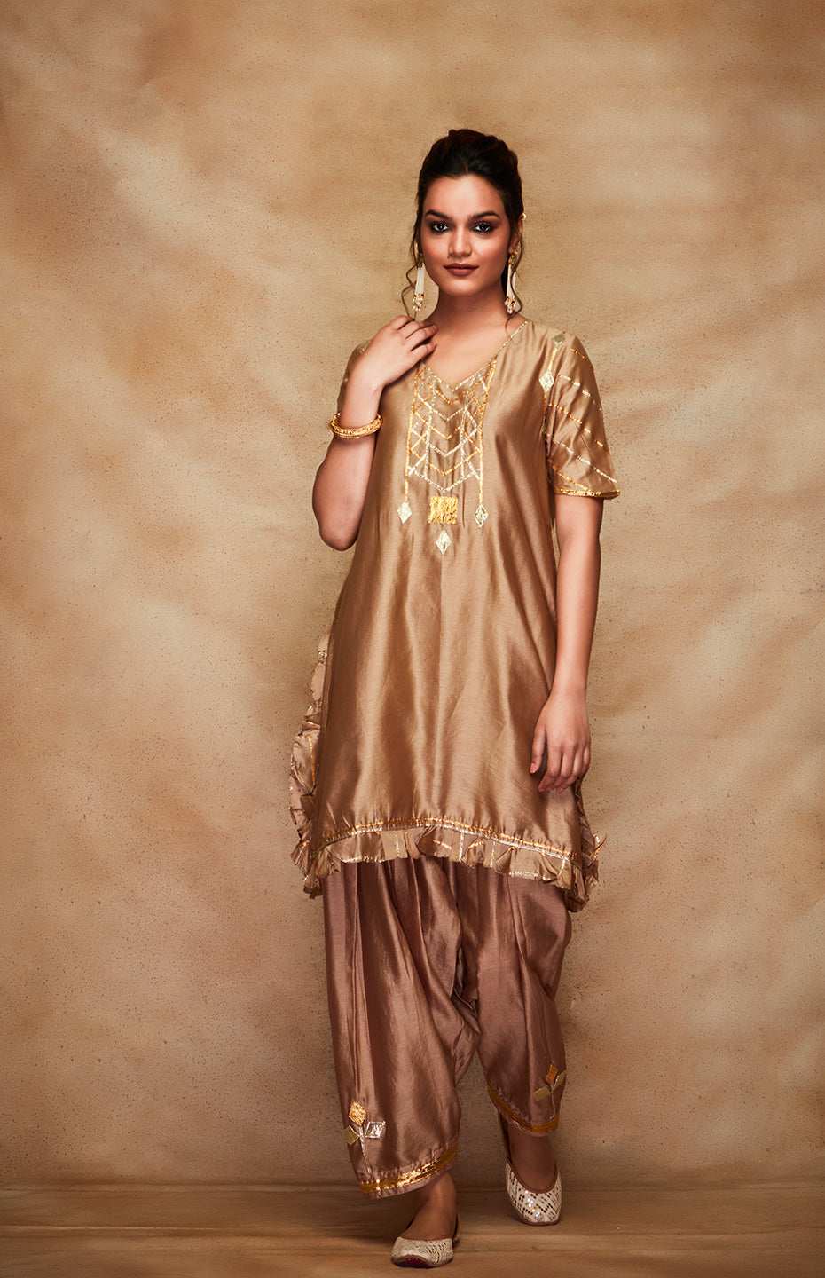 Antique Gold Chanderi Silk Gota Ruffle Short Kurta