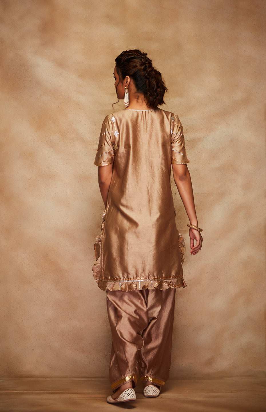 Antique Gold Chanderi Silk Gota Ruffle Short Kurta