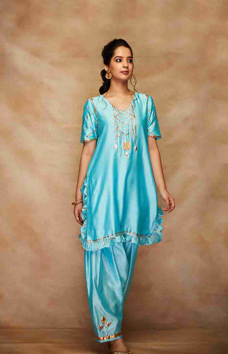 Blue Chanderi Silk Gota Ruffle Short Kurta