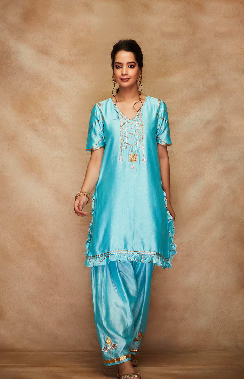 Blue Chanderi Silk Gota Ruffle Short Kurta