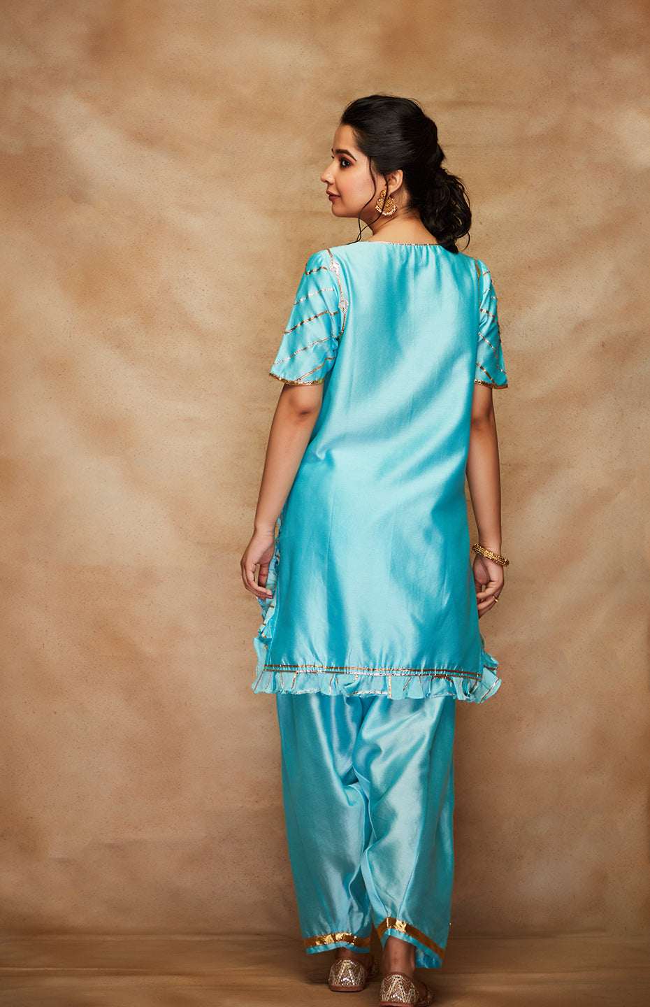 Blue Chanderi Silk Gota Ruffle Short Kurta