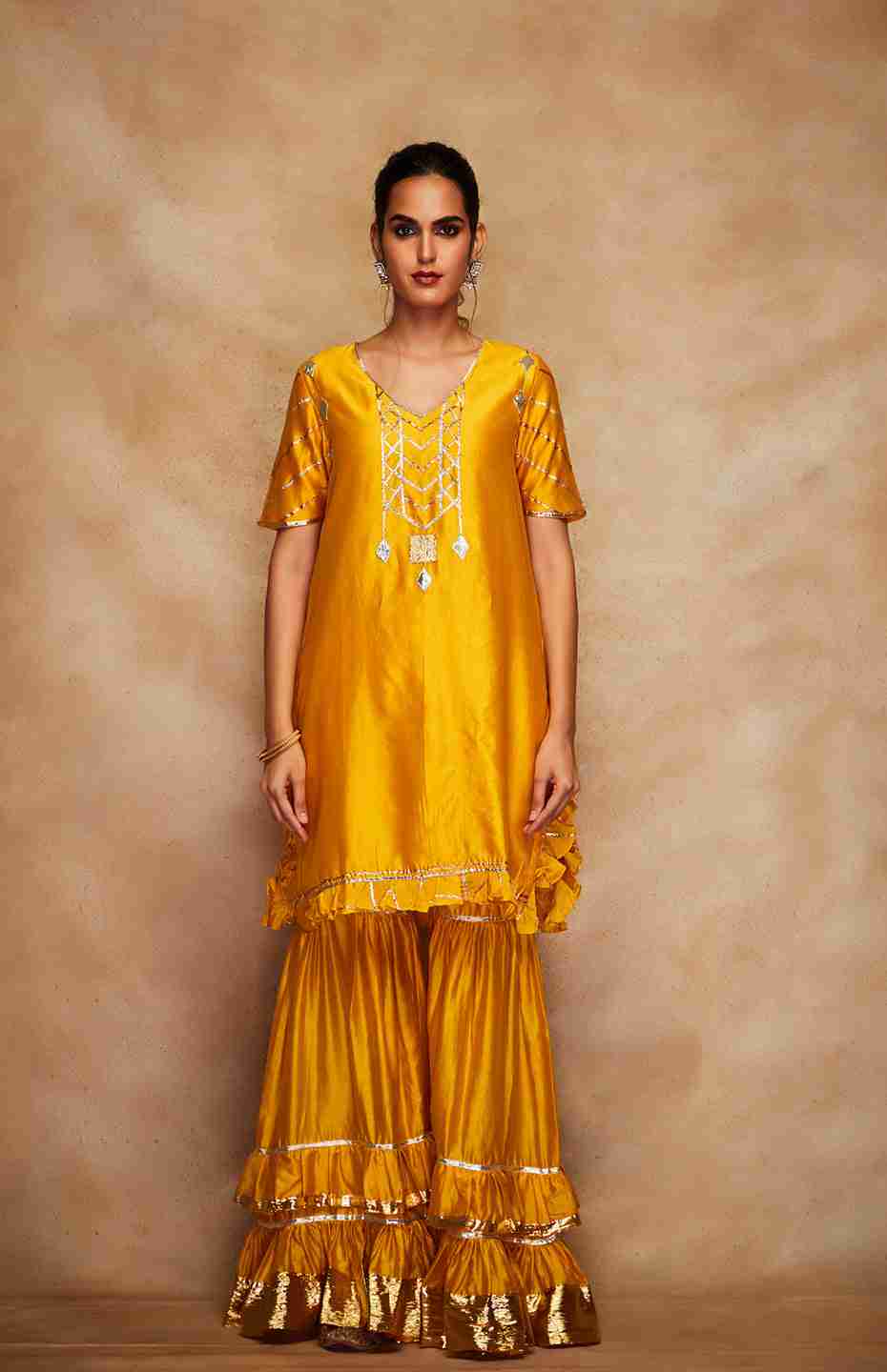 Mustard Chanderi Silk Gota Ruffle Short Kurta