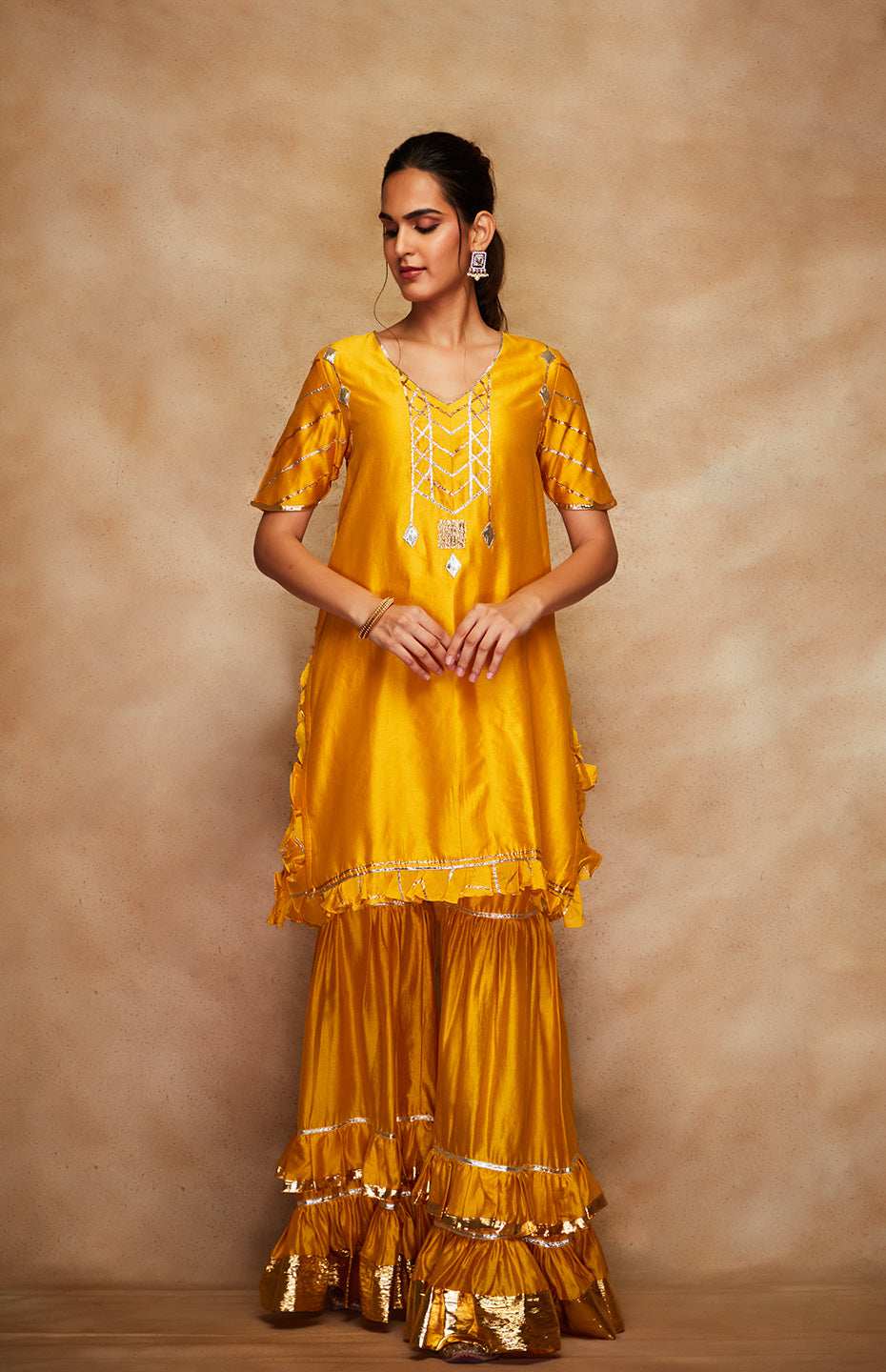 Mustard Chanderi Silk Gota Ruffle Short Kurta