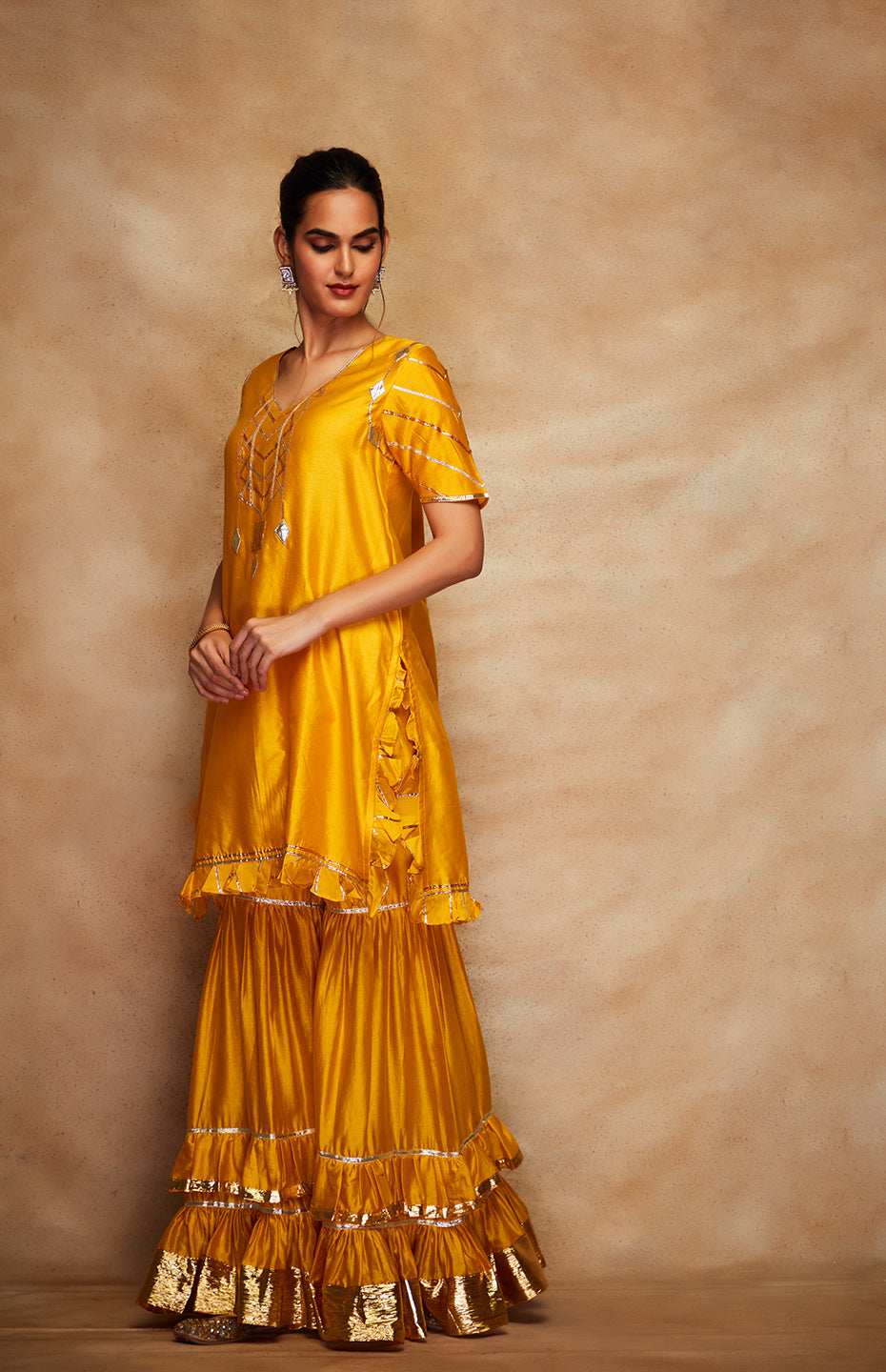 Mustard Chanderi Silk Gota Ruffle Short Kurta