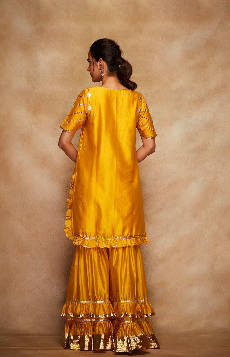 Mustard Chanderi Silk Gota Ruffle Short Kurta