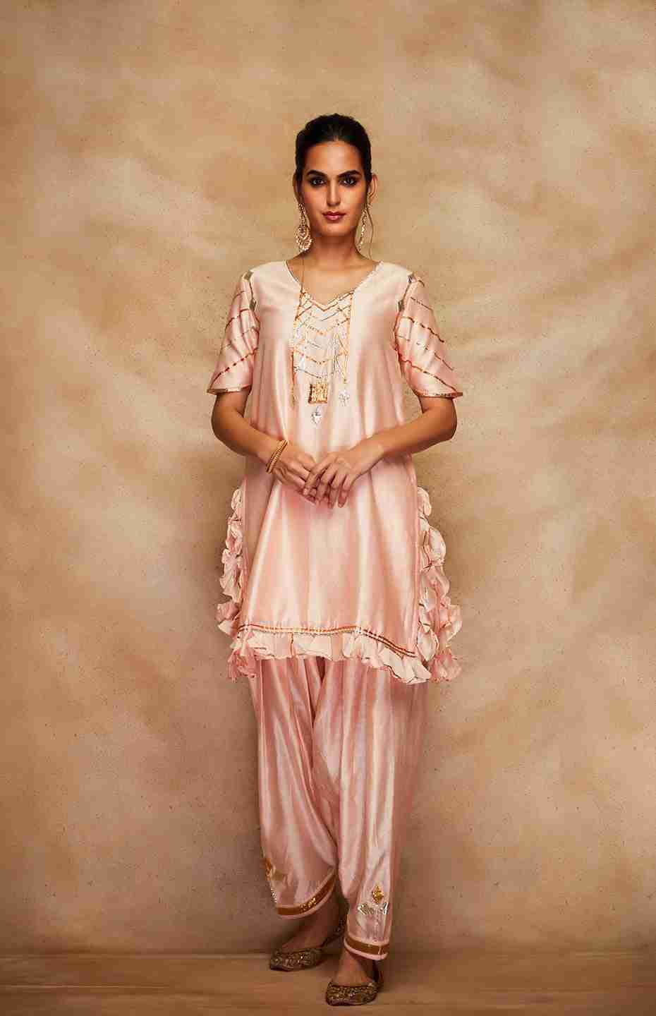 Peach Chanderi Silk Gota Ruffle Short Kurta