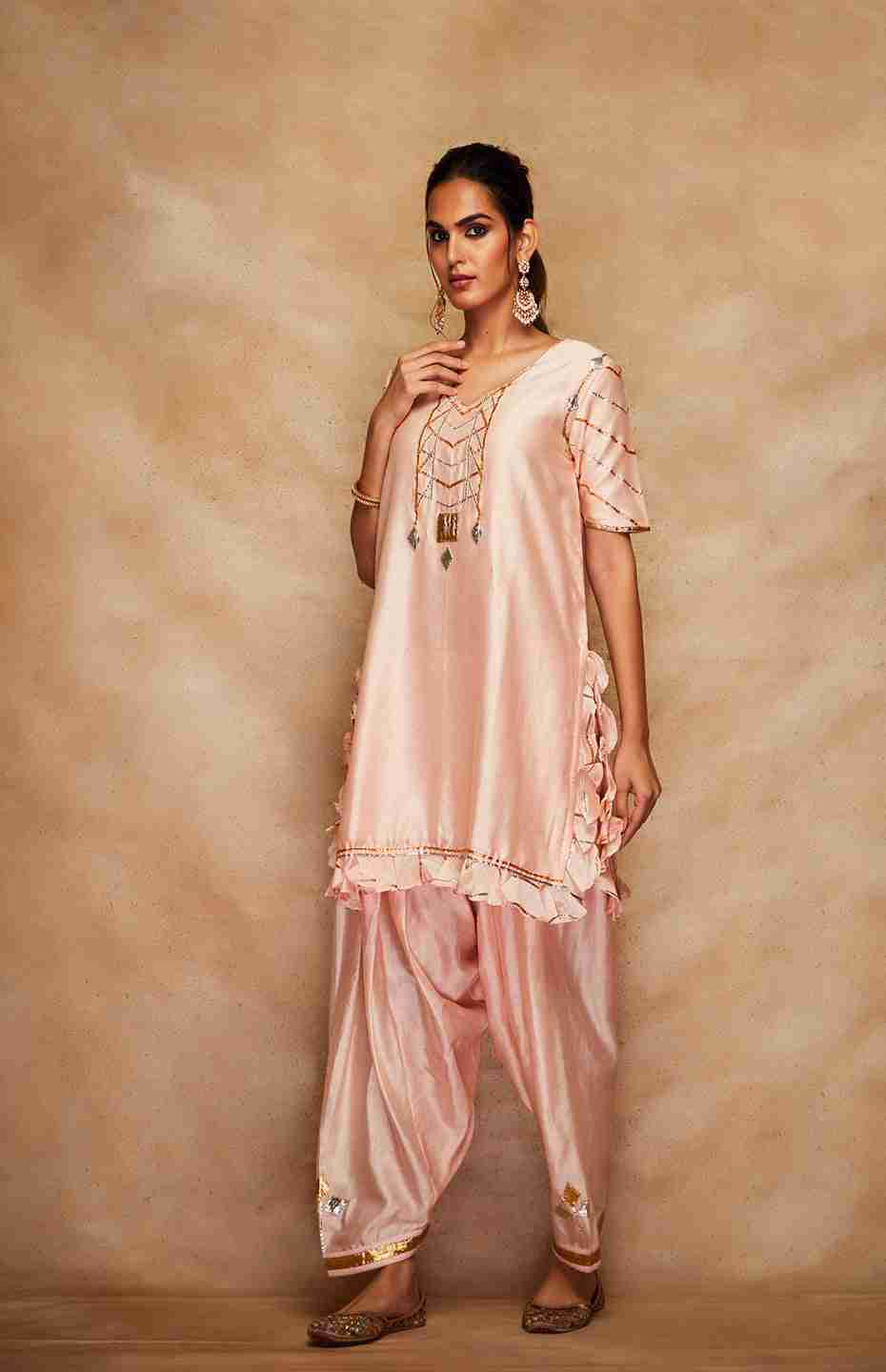 Peach Chanderi Silk Gota Ruffle Short Kurta