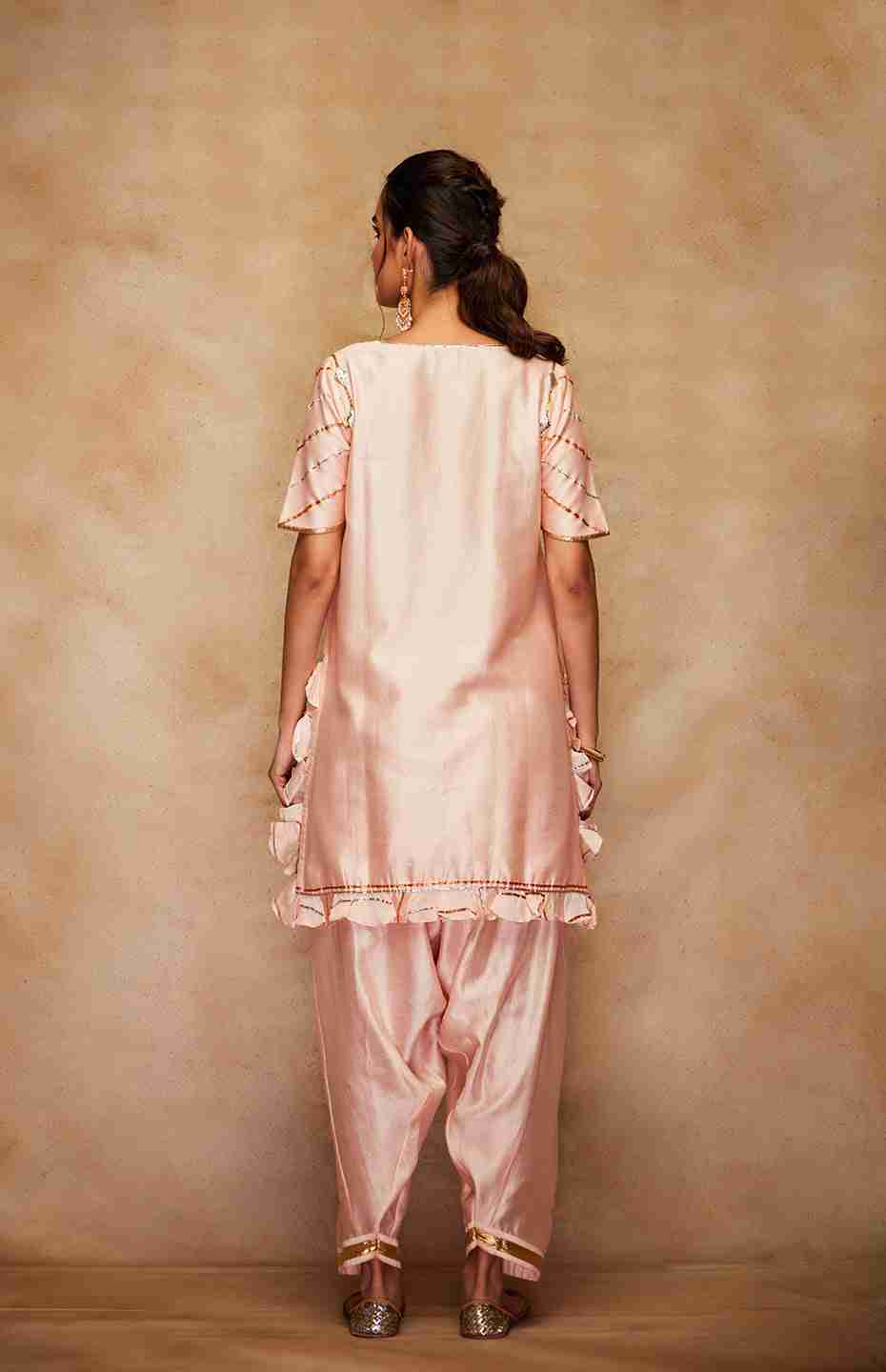 Peach Chanderi Silk Gota Ruffle Short Kurta