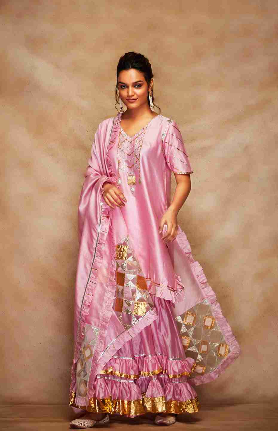 Pink Chanderi Silk Gota Ruffle Short Kurta