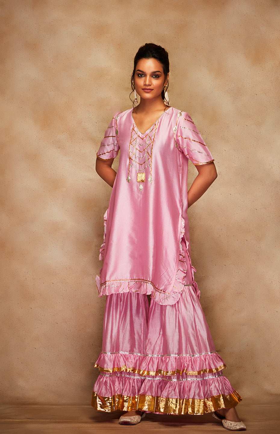 Pink Chanderi Silk Gota Ruffle Short Kurta