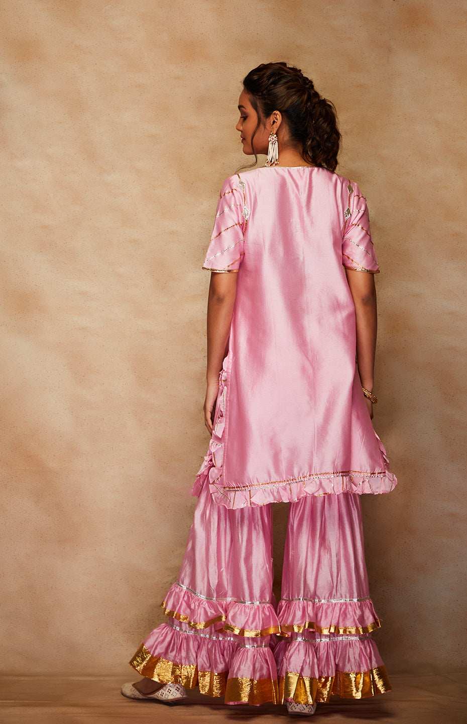 Pink Chanderi Silk Gota Ruffle Short Kurta