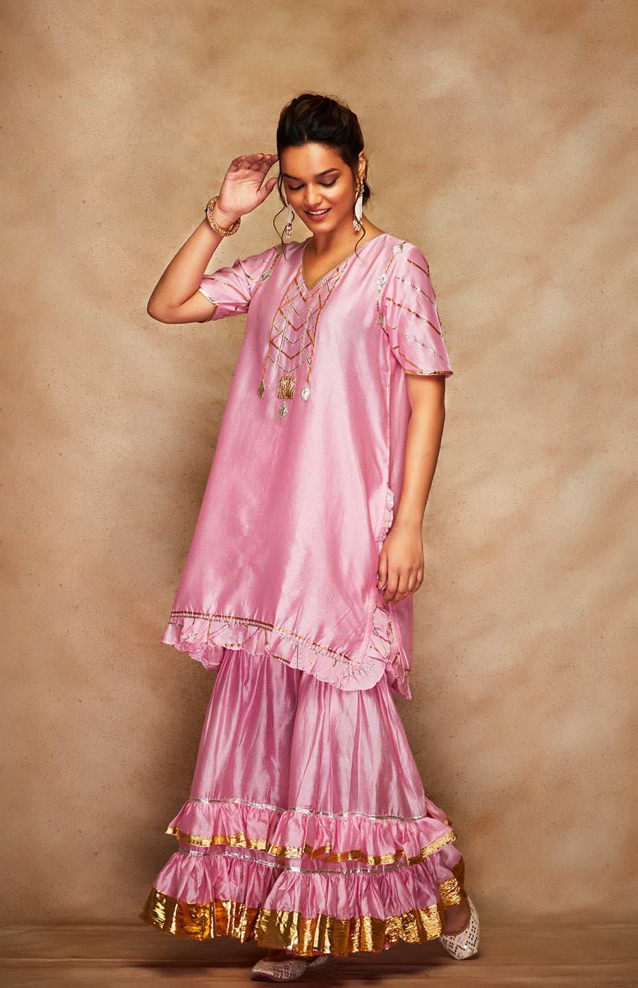Pink Chanderi Silk Gota Ruffle Short Kurta