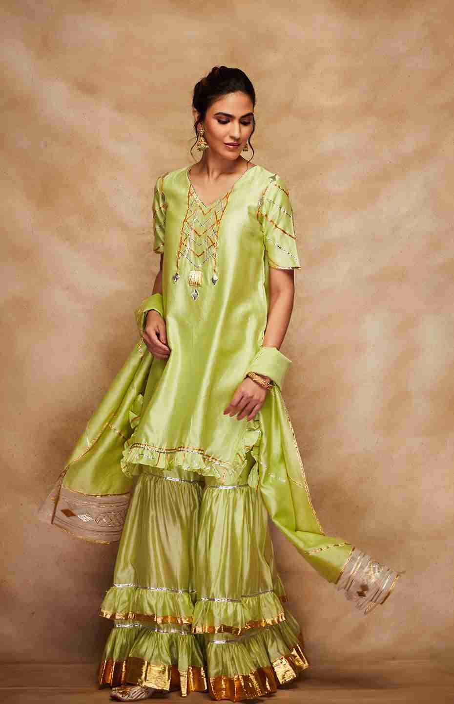 Pista Green Chanderi Silk Gota Ruffle Short Kurta