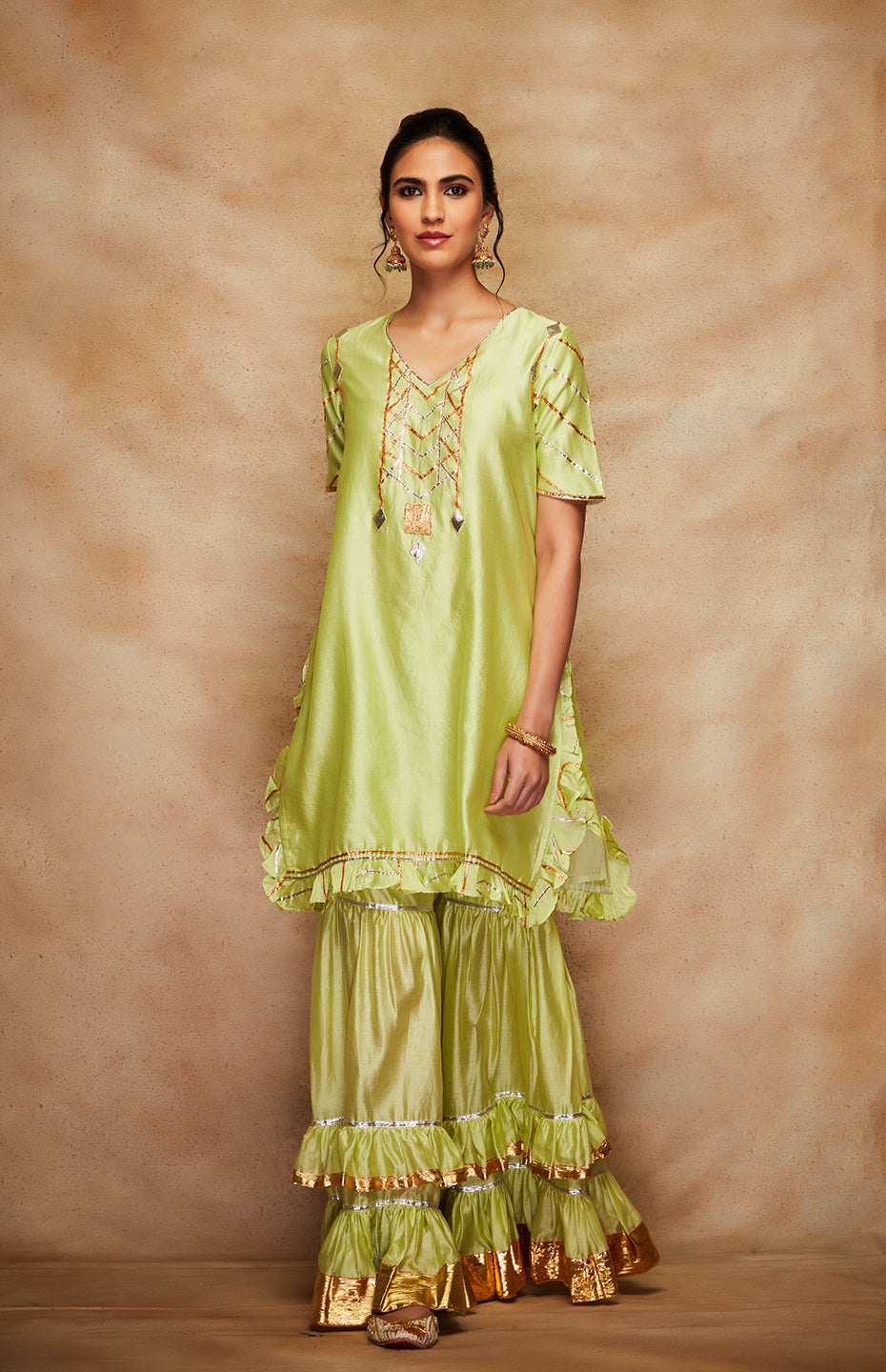 Pista Green Chanderi Silk Gota Ruffle Short Kurta
