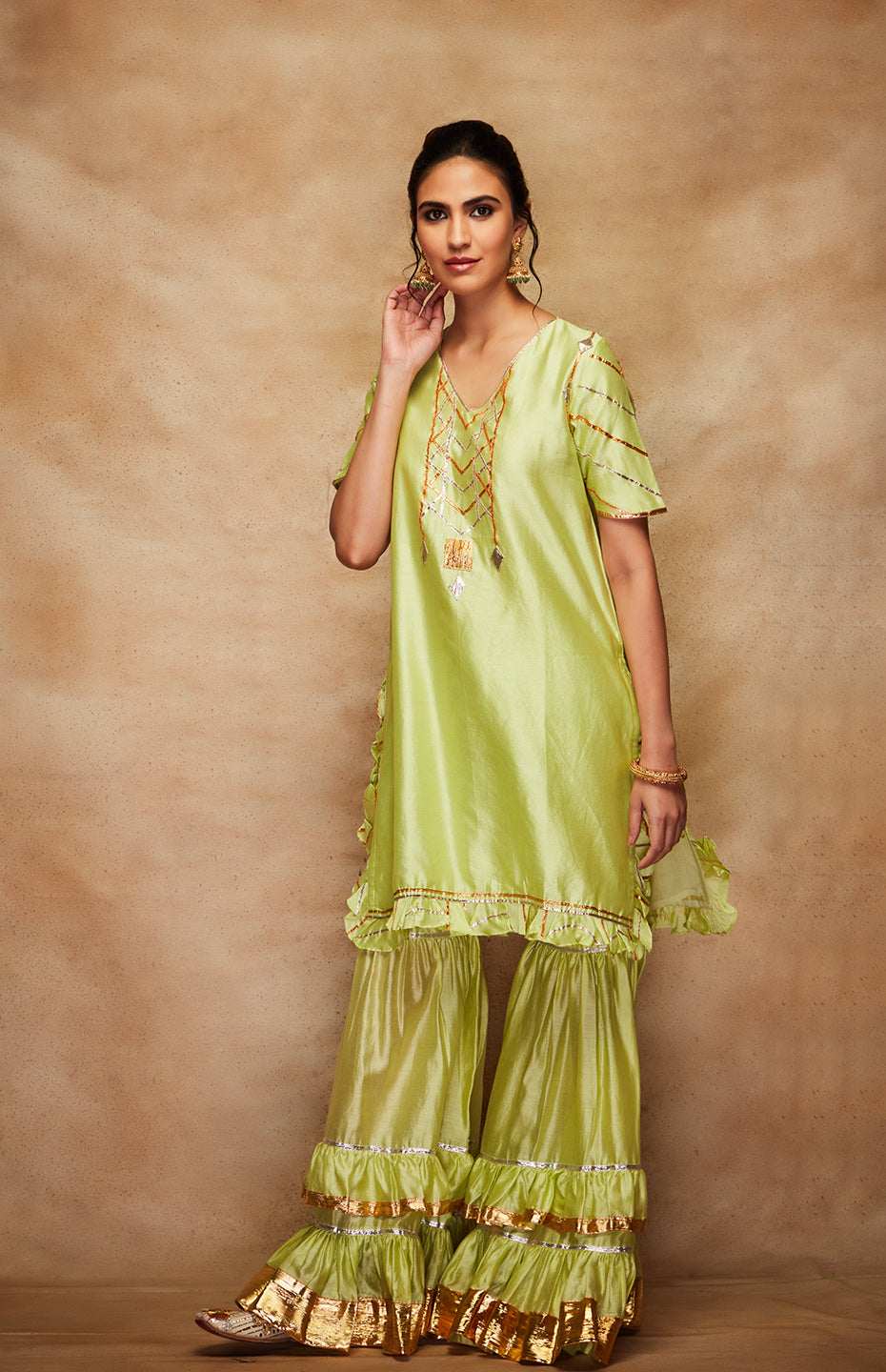 Pista Green Chanderi Silk Gota Ruffle Short Kurta