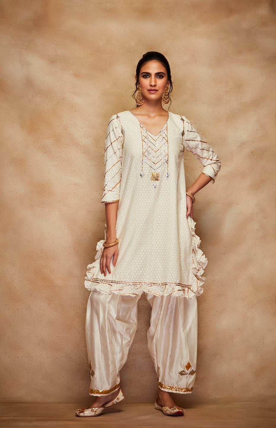 Off White Jamdani Gota Ruffle Short Kurta