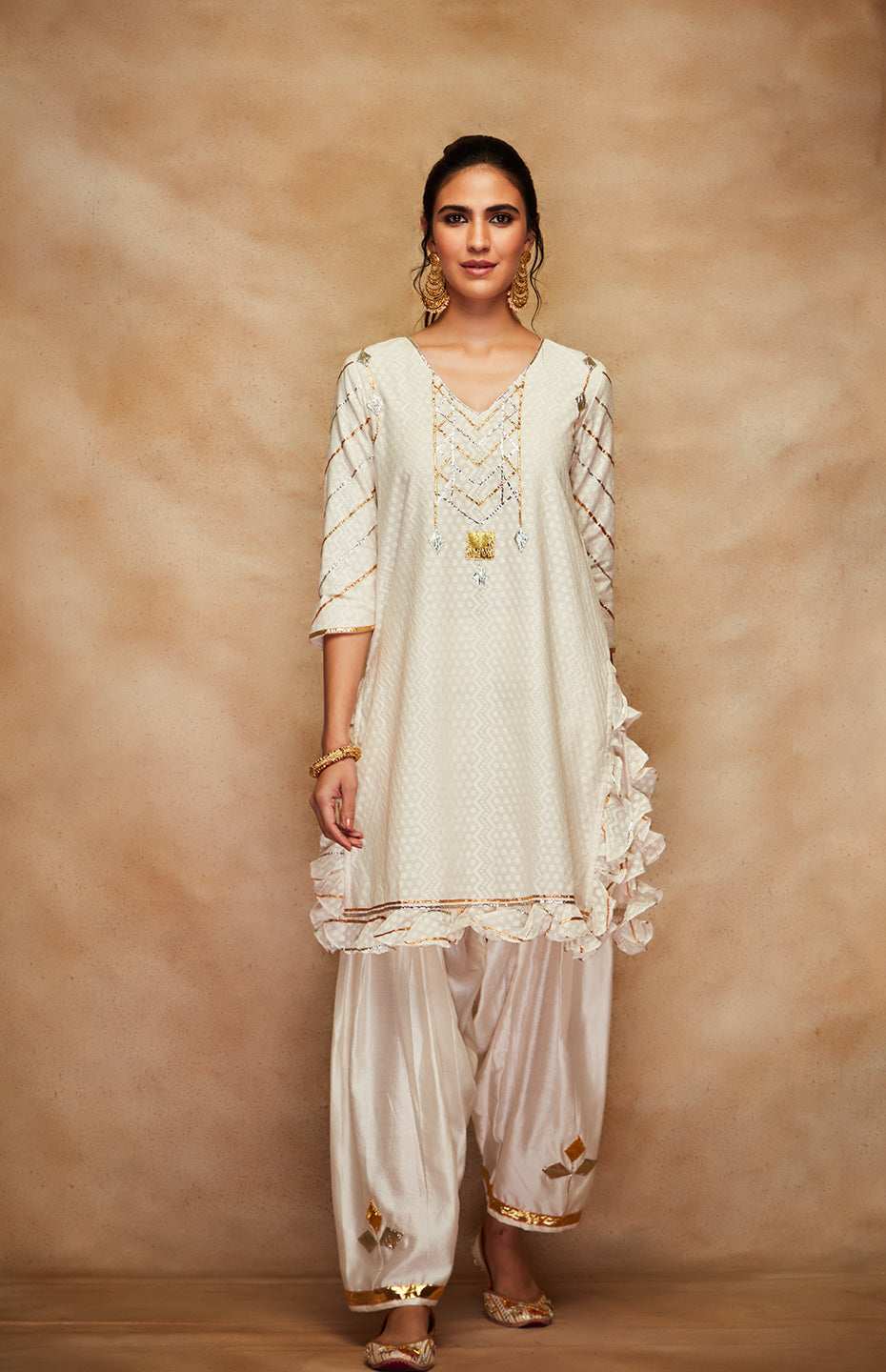 Off White Jamdani Gota Ruffle Short Kurta