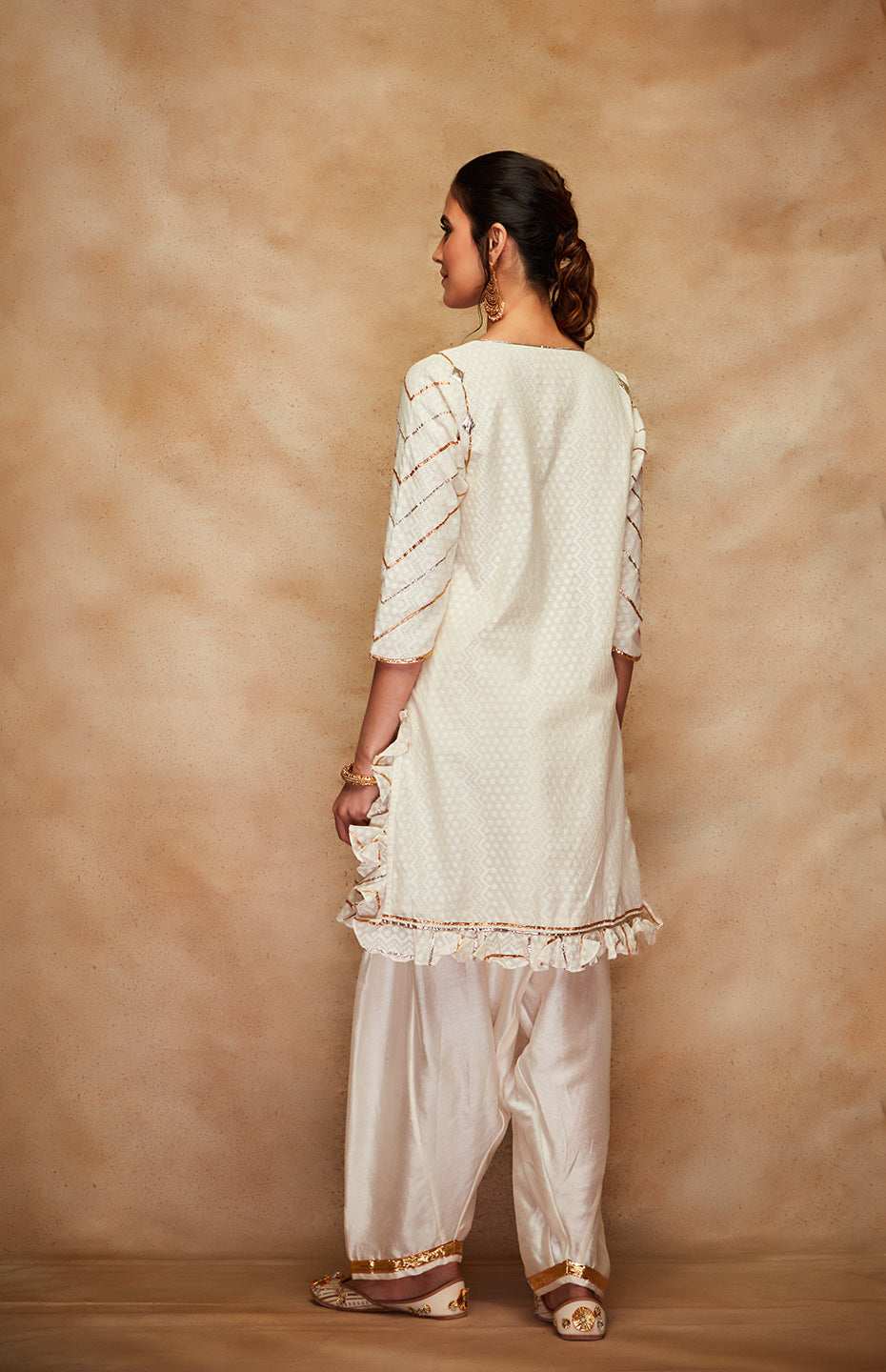Off White Jamdani Gota Ruffle Short Kurta