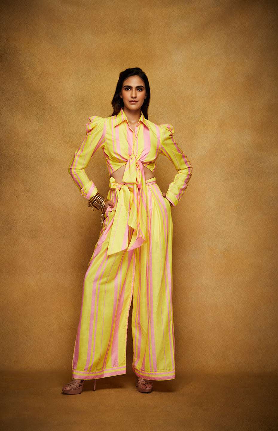 Pink & Yellow Tie Up Crop Shirt