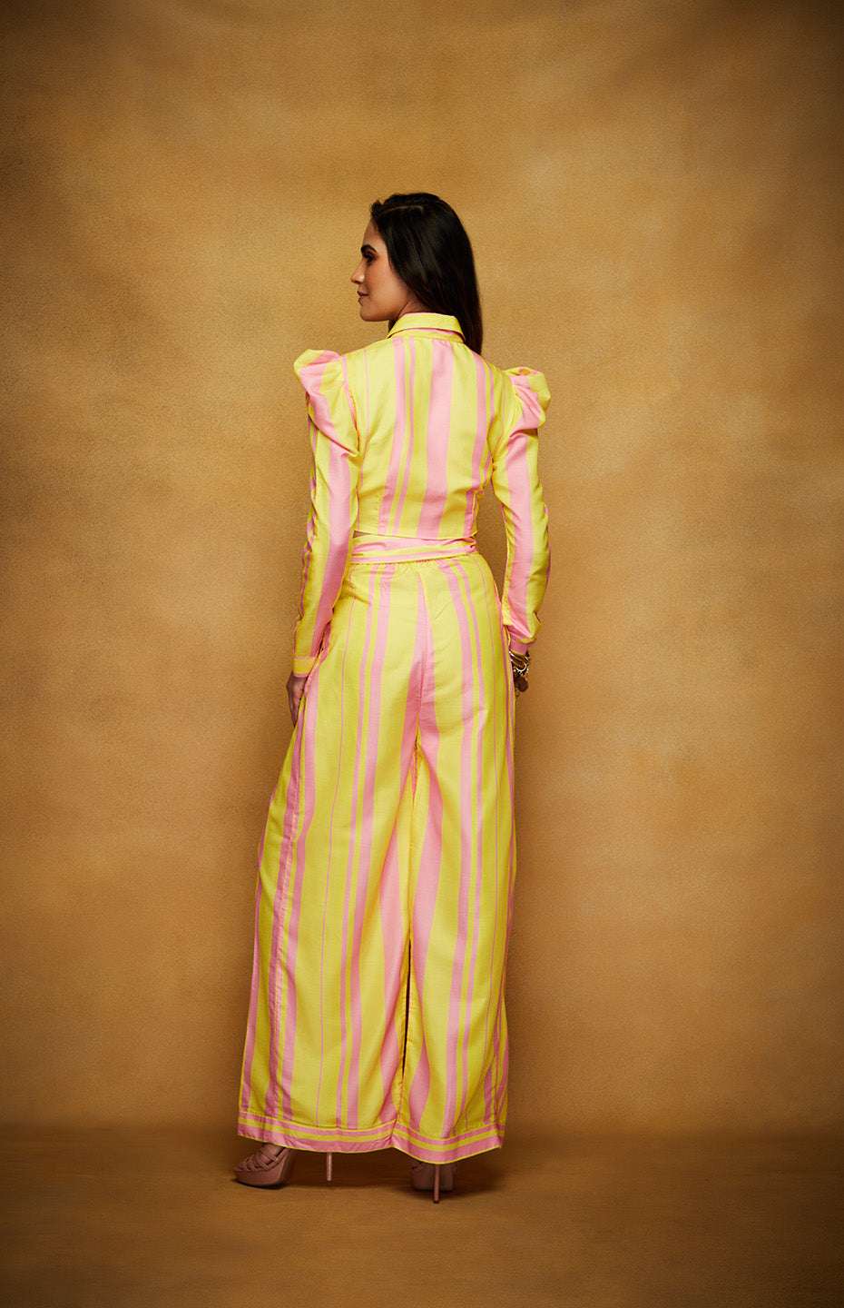 Pink & Yellow Tie Up Crop Shirt