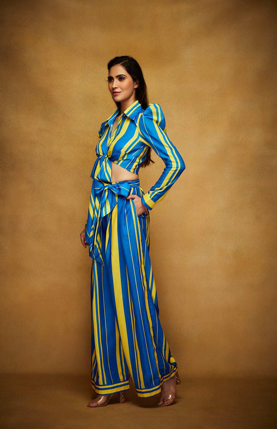 Yellow & Blue Tie Up Crop Shirt